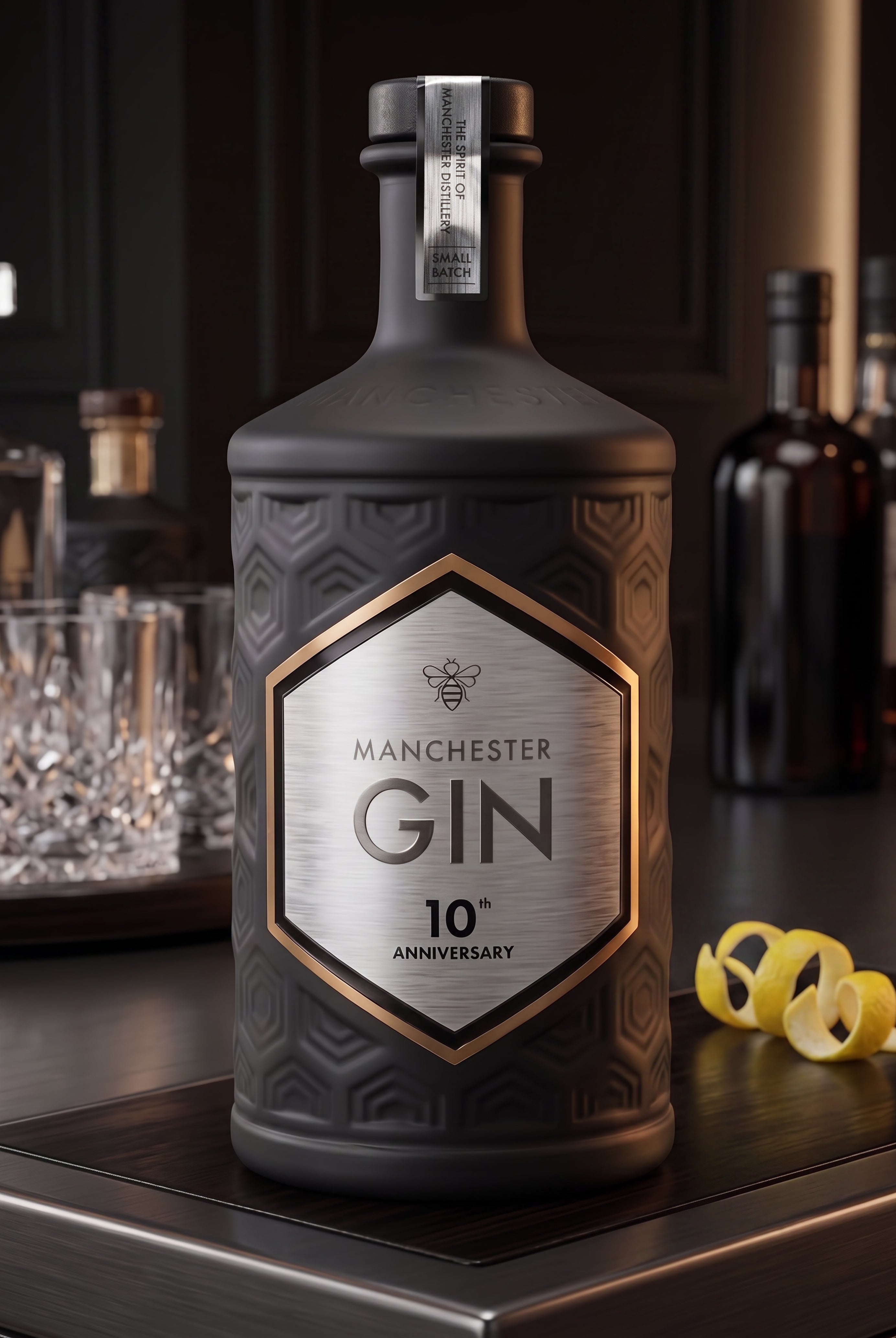 Textured metallic-effect detailing on Manchester Gin 10th Anniversary Edition label