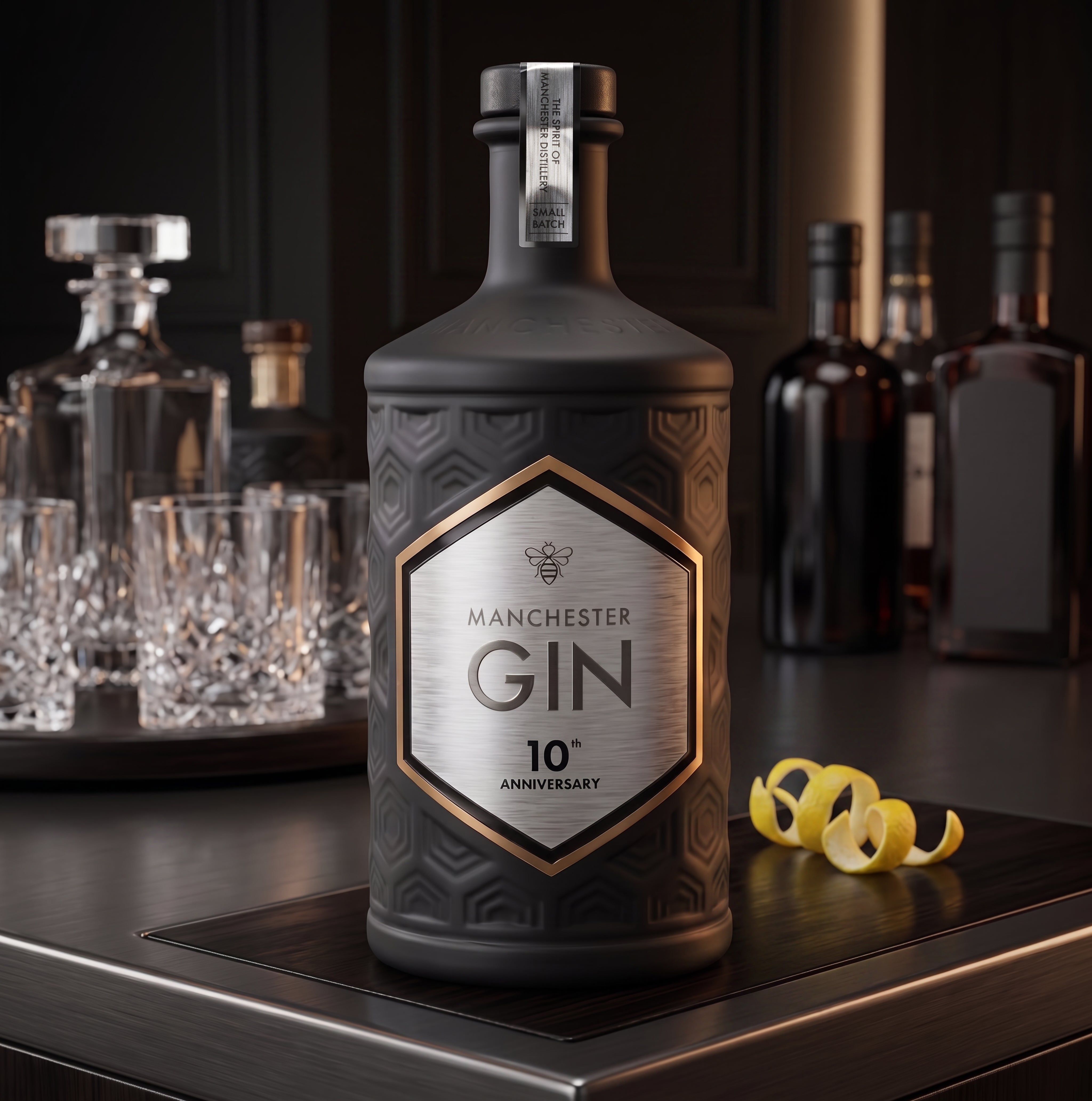 Textured metallic-effect detailing on Manchester Gin 10th Anniversary Edition label
