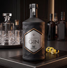 Textured metallic-effect detailing on Manchester Gin 10th Anniversary Edition label