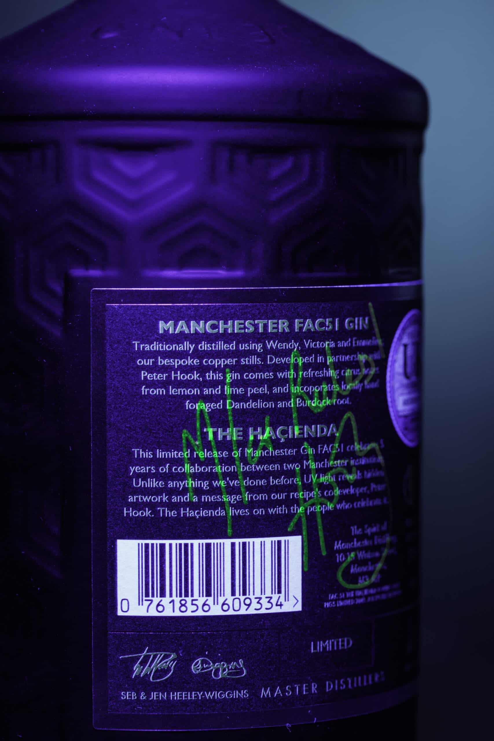 Limited Edition Haçienda Gin bottle showcasing traditional distillation and vibrant design, made in Manchester.